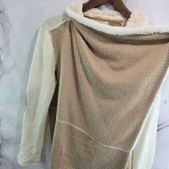 Saturday Sunday Sweater Women Large Cardigan Elbow Pads Brown Sherpa Suede White - Picture 7 of 11